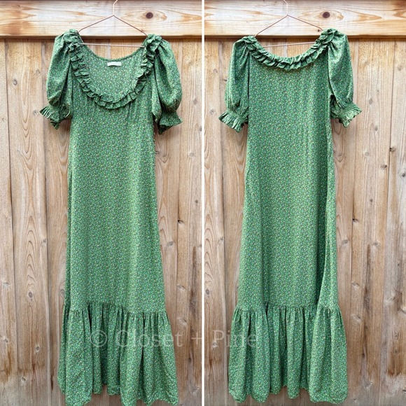 Doen Olive Dress Green Martha's Garden Floral Silk Maxi Size XS - Picture 3 of 17